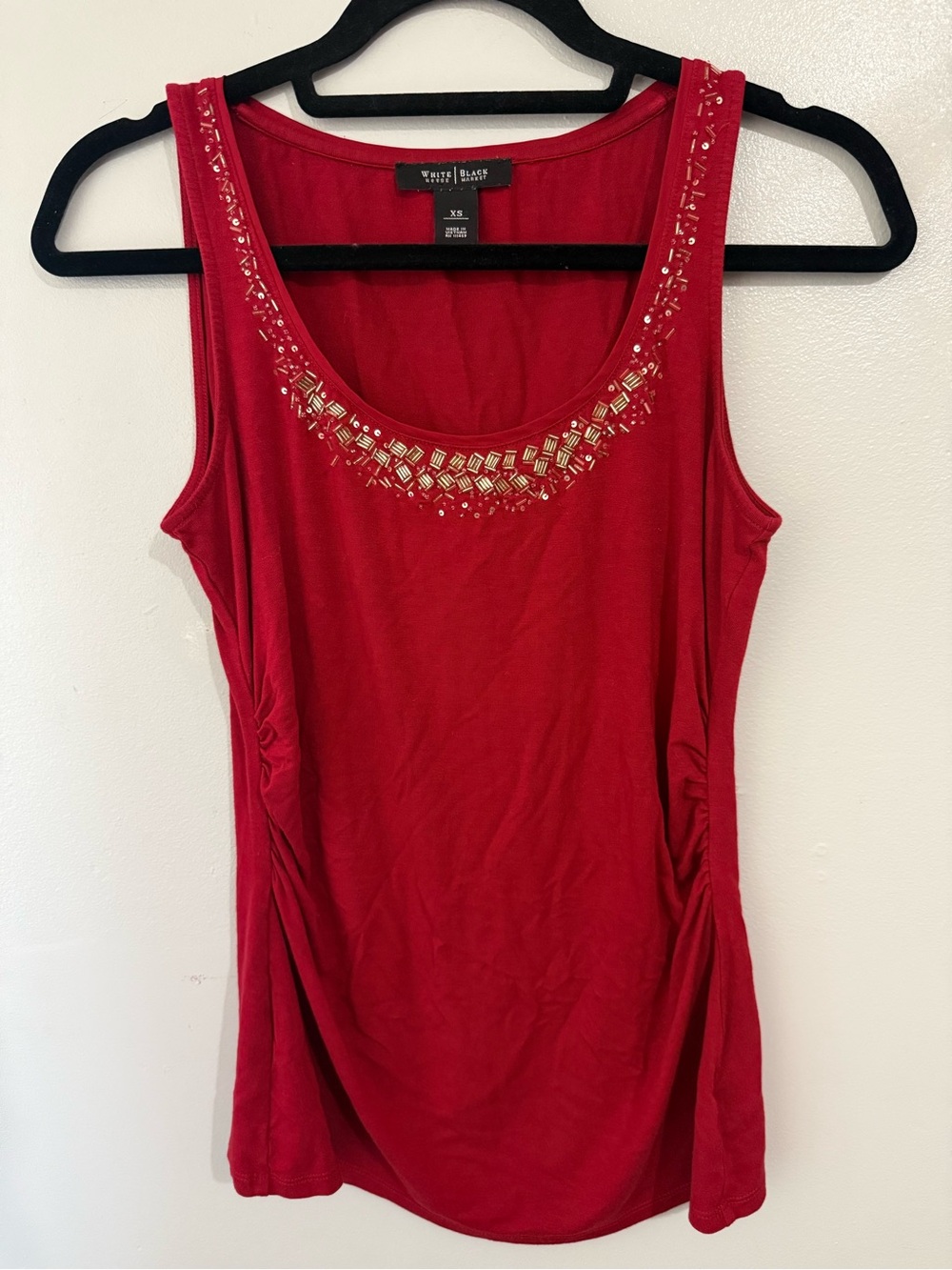 WHBM Red Tank with Gold Beaded Embellished Scoop Neck Ruched Waist